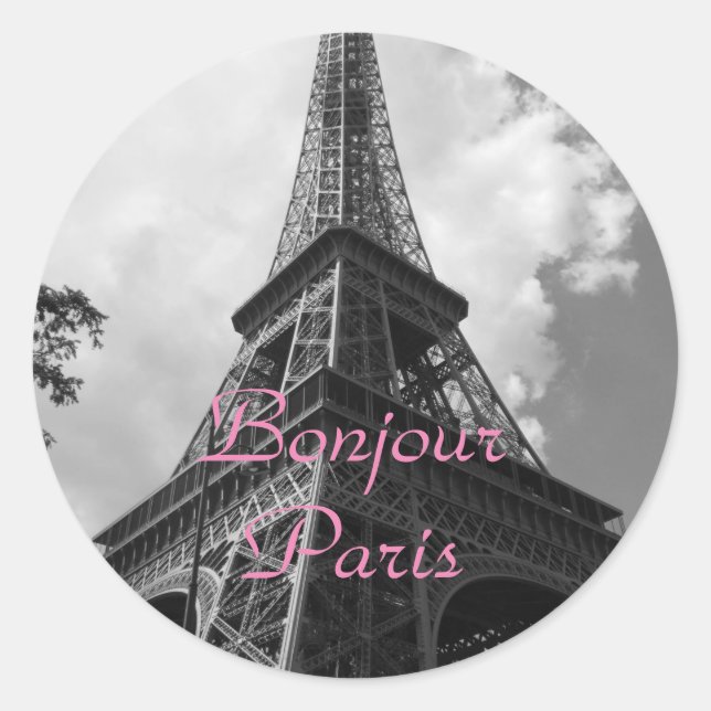 Bonjour Paris Black White Eiffel Tower France Classic Round Sticker (Front)