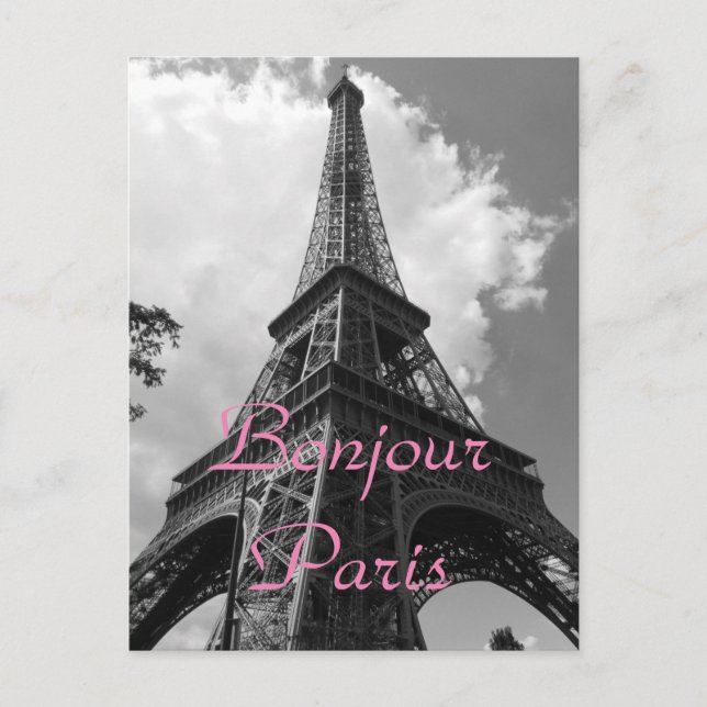 Bonjour Paris Black White Eiffel Tower France Postcard (Front)