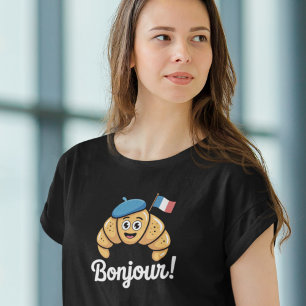 Bonjour Paris Croissant French Flag Womens Tee