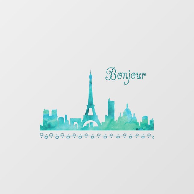 Bonjour Paris France Watercolor Silhouette  Window Window Cling (Sheet)