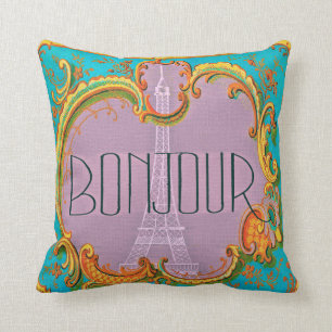 Bonjour Paris Vintage French Eiffel Tower Mauve Throw Pillow