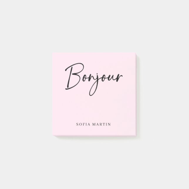 Bonjour | Pink and Black Elegant French Script Post-it Notes (Front)