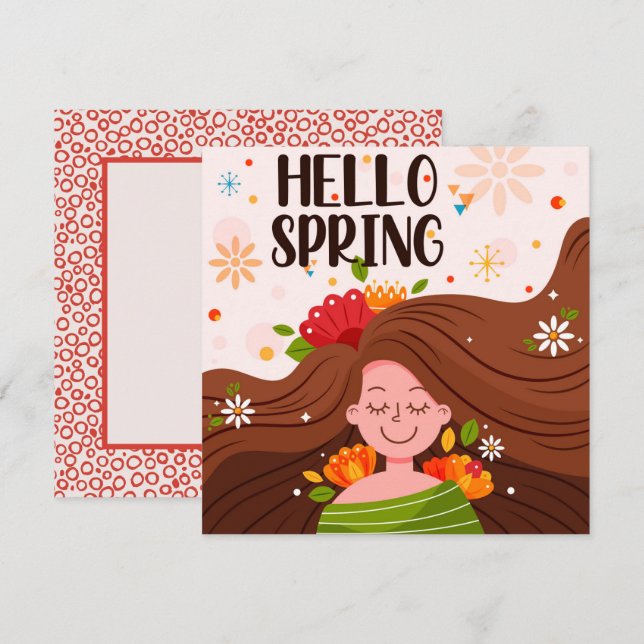 Bonjour Spring Fleurs Fleurs de Fille Carte de voe (Devant / Derrière)