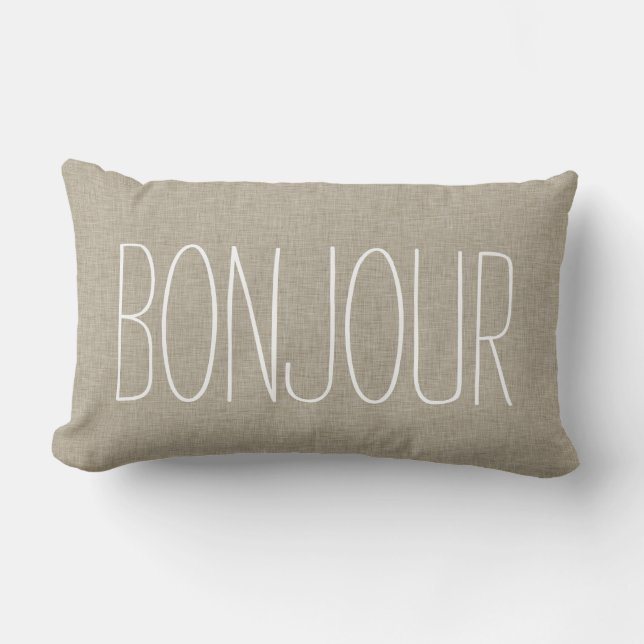 Bonjour Typography Linen Beige Colour Toss Pillow (Front)