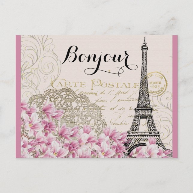 Bonjour Vintage Eiffel Tower Collage with Flowers Postcard (Front)