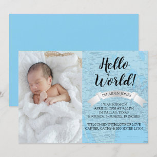 bonjour World Baby Blue World Map Faire-part de na
