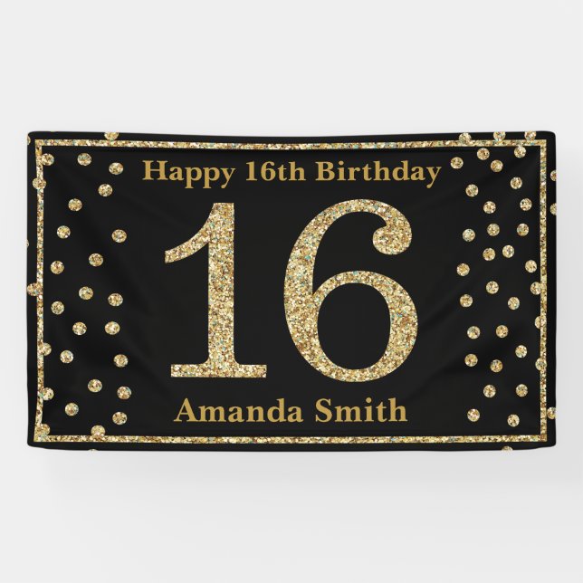 Bonne 16e anniversaire bannière Black and Gold Par (Horizontal)