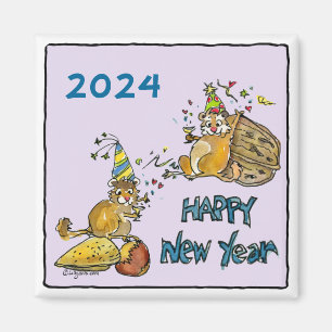 Bonne année 2024 Chipmunks Cartoon Magnet