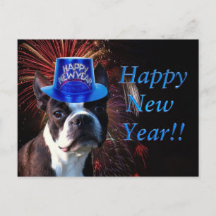 Bonne année Boston terrier carte postale