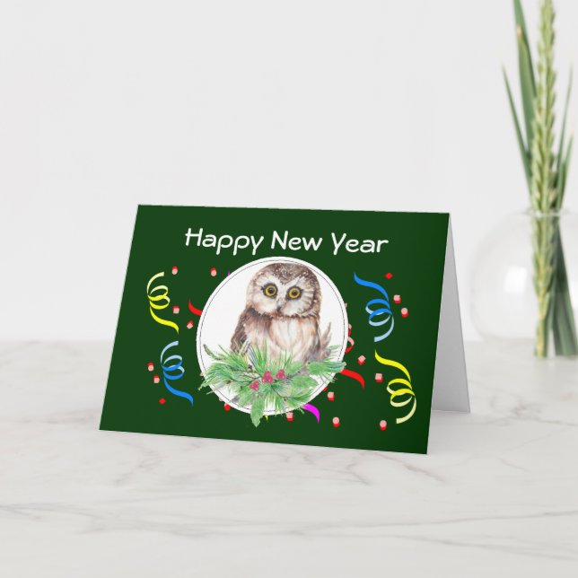 Bonne année, carte de vœux de la chouette mignonne (Devant)