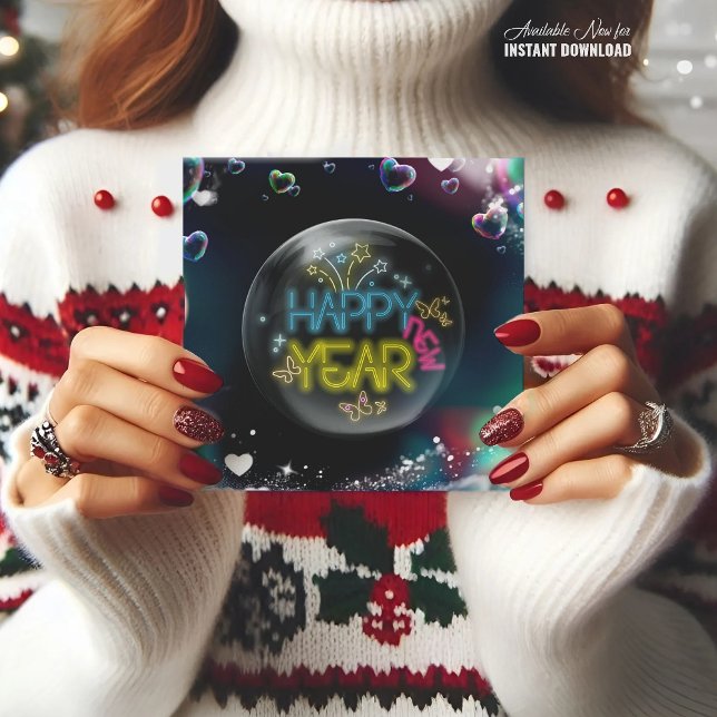 Bonne année élégante carte noire néon (Créateur téléchargé)