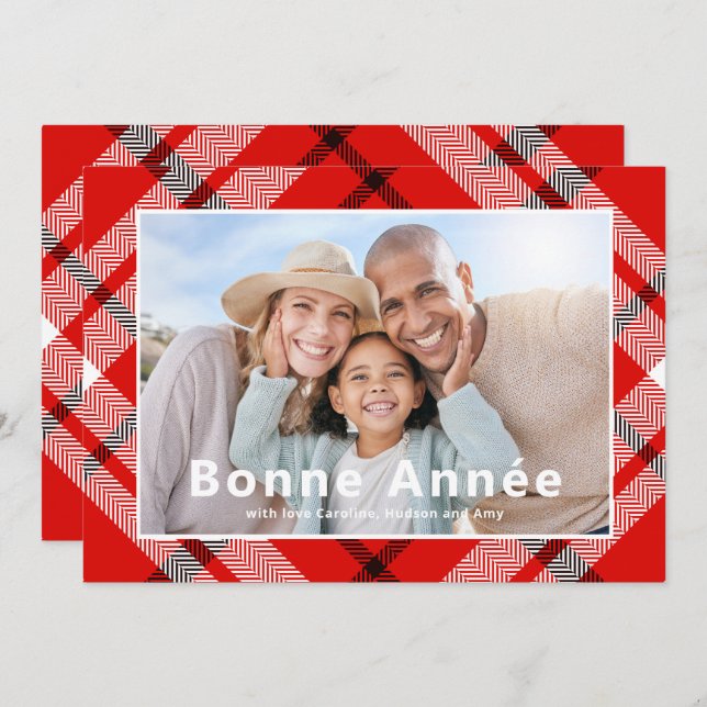  Bonne Année French Elegant Red Plaid Photo (Front/Back)