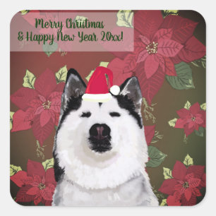 Bonne année, Sticker de Noël, Husky, Fleurs