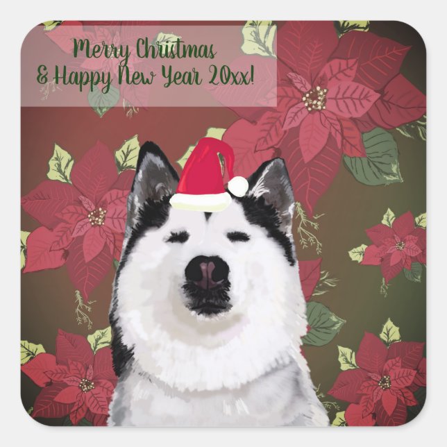 Bonne année, Sticker de Noël, Husky, Fleurs (Devant)