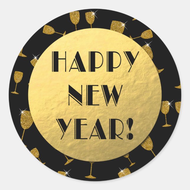 Bonne année ! Stickers Gold Foil et Black Round (Devant)