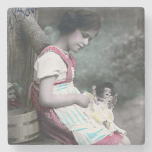 Bonne Année Vintage Girl with Dolll Stone Coaster
