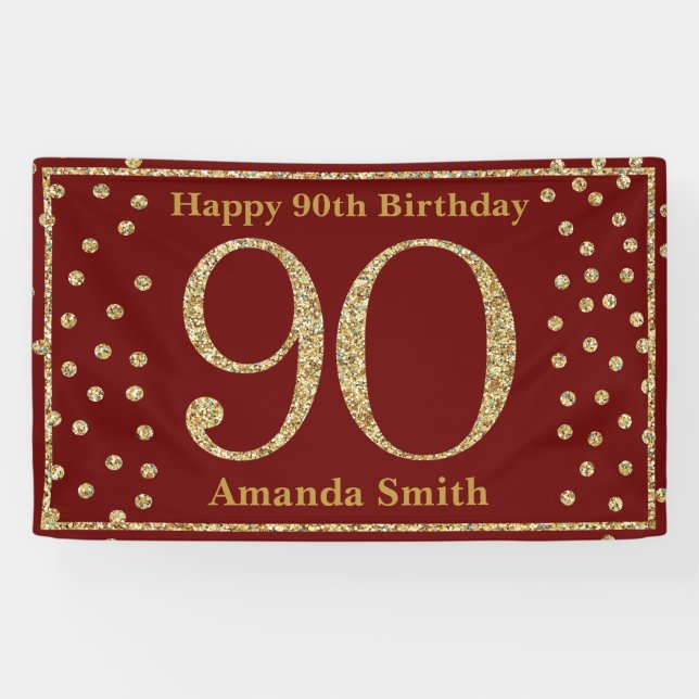 Bonne bannière 90e anniversaire Burgundy Red Gold (Horizontal)