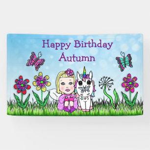 Bonne bannière d'anniversaire Unicorn et Fairy