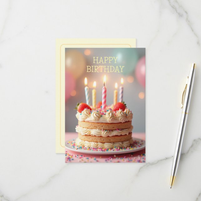 Bonne carte d'anniversaire avec un gâteau (Devant/Arrière en situation)