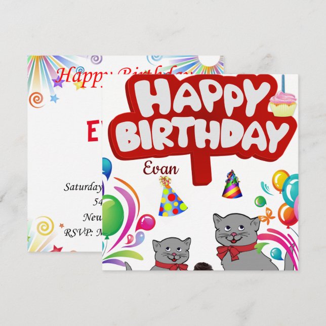 Bonne carte d'anniversaire chats d'invitation (Devant / Derrière)