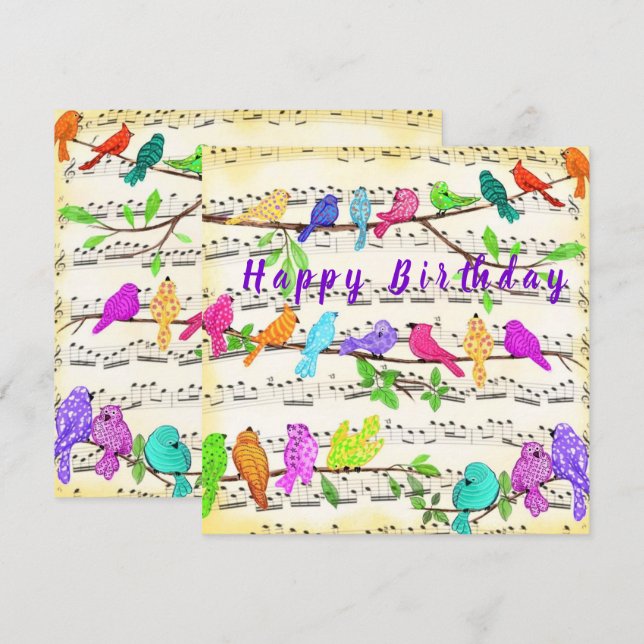 Bonne carte d'anniversaire Colorful Musical Birds  (Devant / Derrière)
