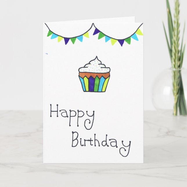 Bonne carte d'anniversaire - cupcake gai et lapin (Devant)