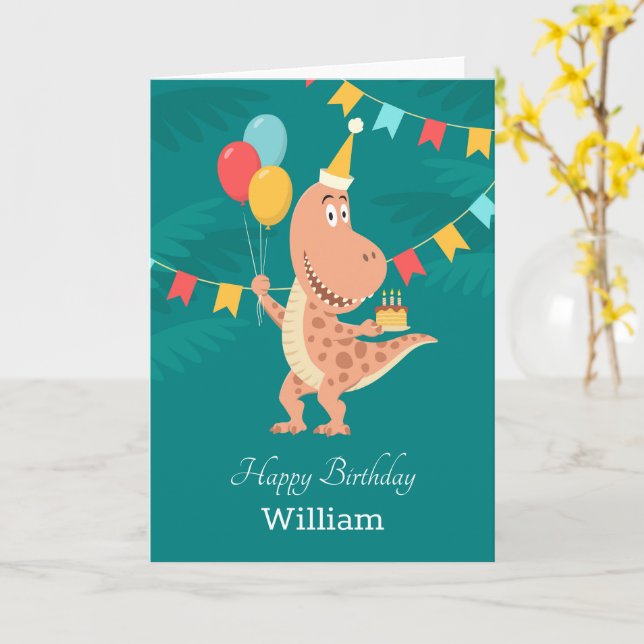 Bonne carte de dinosaure de gâteau d'anniversaire (Fleur jaune)