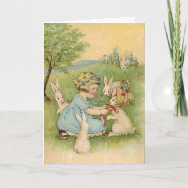 Bonne carte de Pâques, petite fille avec lapins bl (Devant)