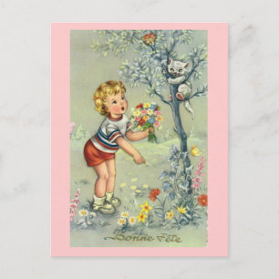 Bonne Fete, Carte Française, Enfant avec fleurs