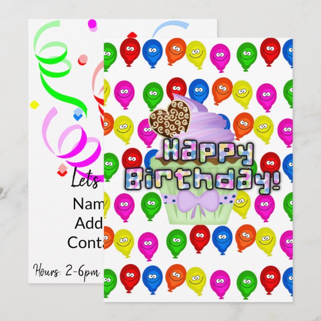 Bonne Invitation Anniversaire Ballons Cupcakes (Devant / Derrière)