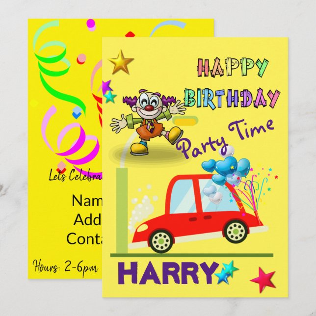 Bonne Invitation Anniversaire Clown Car Jaune (Devant / Derrière)