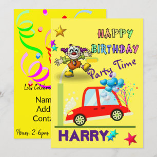 Bonne Invitation Anniversaire Clown Car Jaune