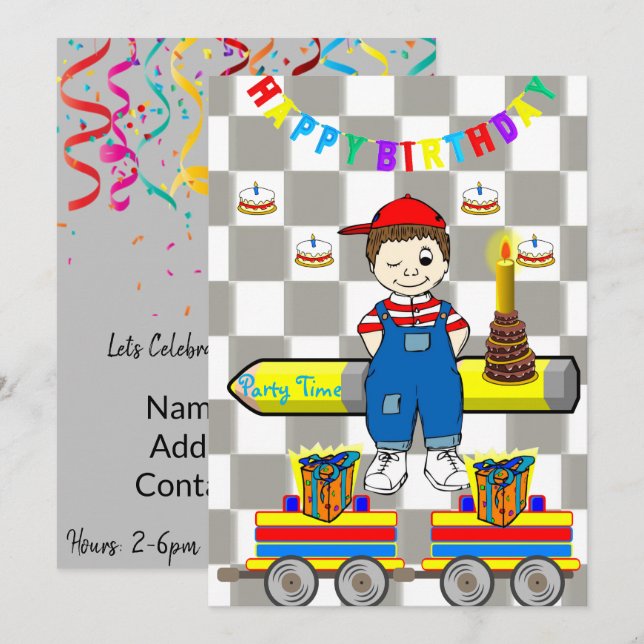 Bonne Invitation Anniversaire Garçon Trains (Devant / Derrière)