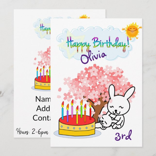 Bonne Invitation Anniversaire Gâteau de lapin (Devant / Derrière)