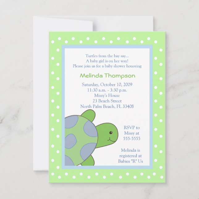 Bonne invitation Baby shower vert de tortue de mer (Devant)