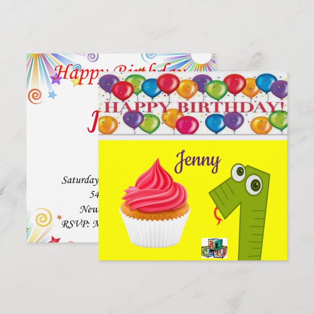 Bonne Invitation Carte Anniversaire Un An (Devant / Derrière)