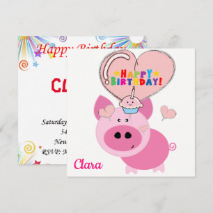 Bonne invitation carte d'anniversaire Pink Pig