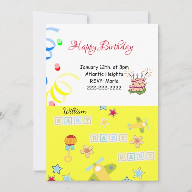 Bonne invitation d'anniversaire Avion Jaune Baby (Devant)