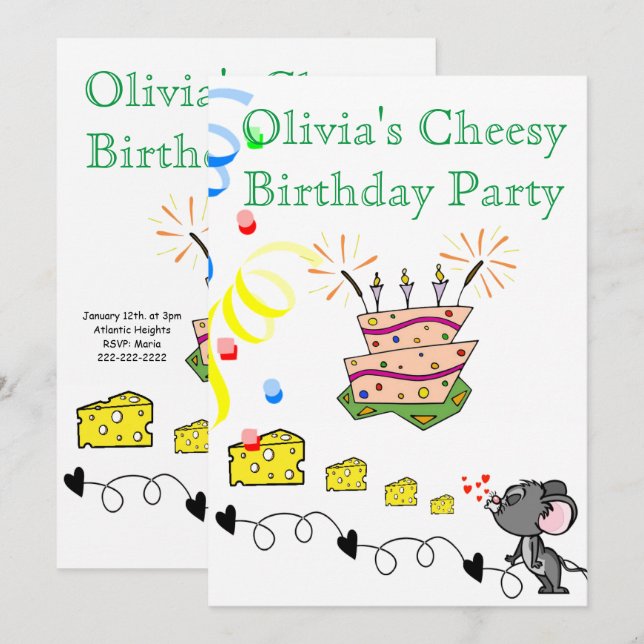 Bonne Invitation d'anniversaire Mousey Cheesy Part (Devant / Derrière)