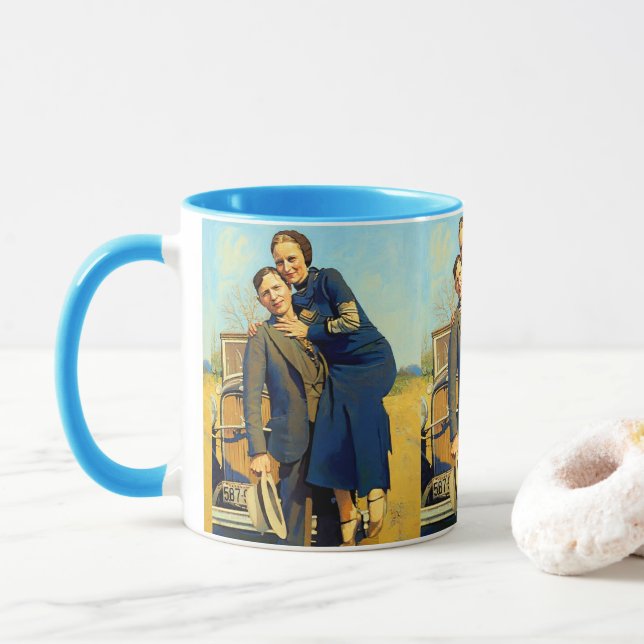 Bonnie Parker Clyde Barrow 1933 Faux Painting Mug (With Donut)