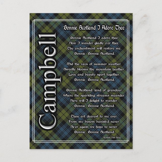 Bonnie Scotland I Adore Thee Campbell Tartan Postcard (Front)
