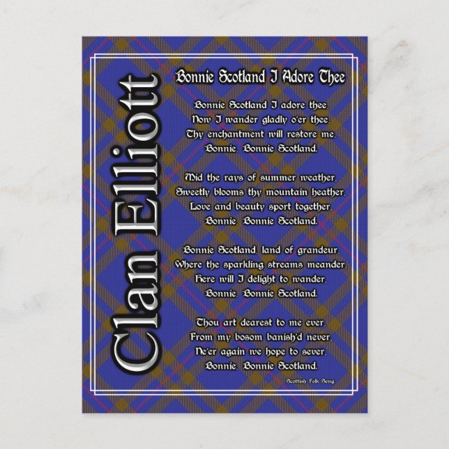 Bonnie Scotland I Adore Thee Clan Elliott Tartan Postcard (Front)