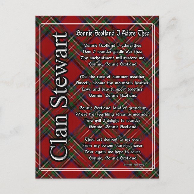 Bonnie Scotland I Adore Thee Clan Stewart Tartan Postcard (Front)