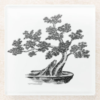 Bonsai - Chinese Style - black and white Glass Coaster