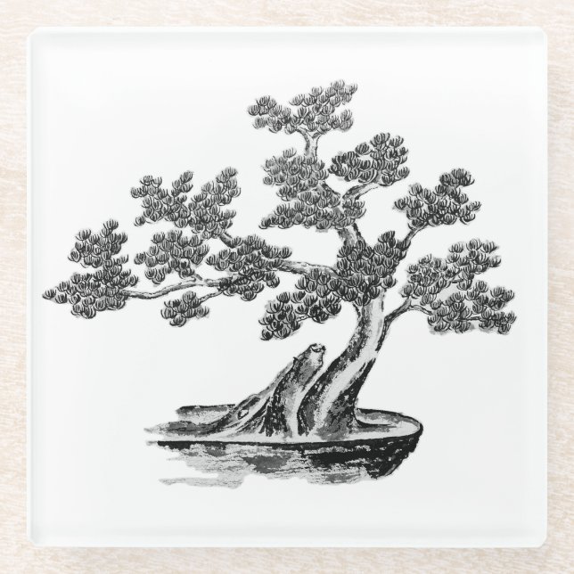 Bonsai - Chinese Style - black and white Glass Coaster (Front)