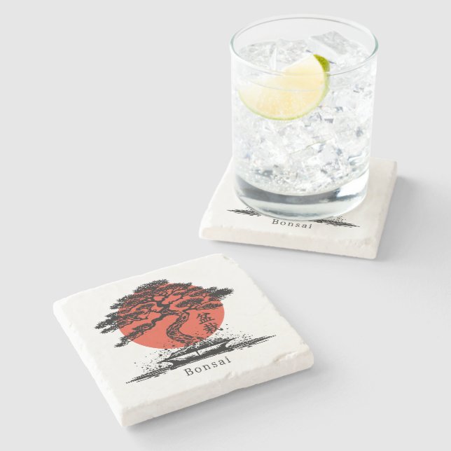 Bonsai Japanese Kanji Personalized Stone Coaster (Side)