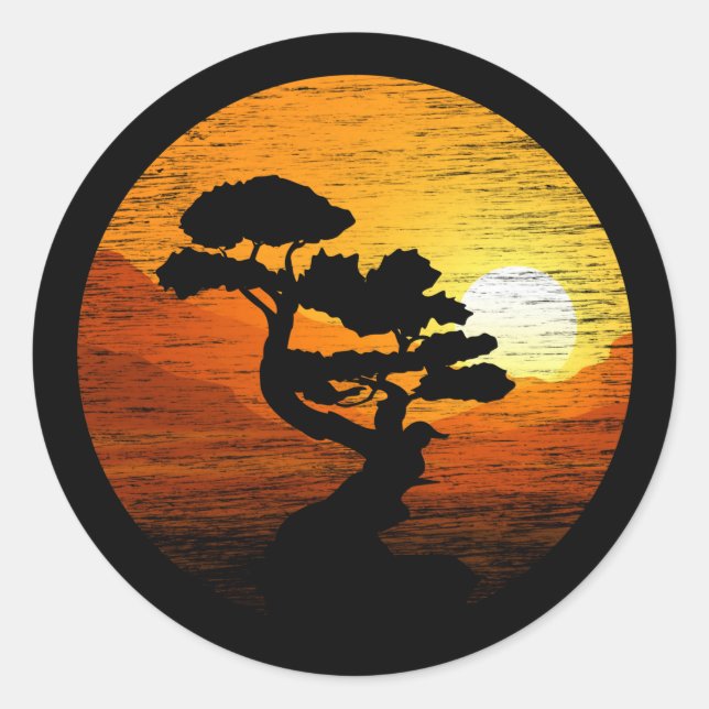 Bonsai Japanese Trees Zen Buddhist Orange Sunset Classic Round Sticker (Front)