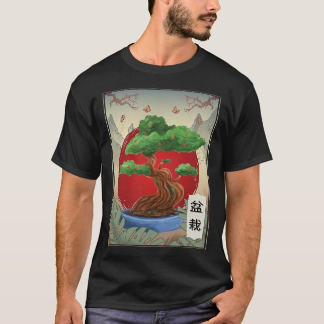 Bonsai Tree Buddhism Japanese Nature Butterfly T-Shirt (Front)