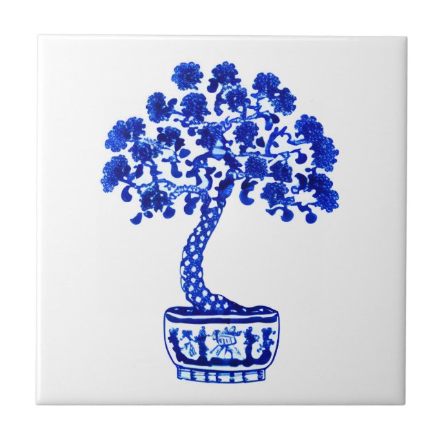 Bonsai Tree in Cobalt Blue and White Tile (Front)