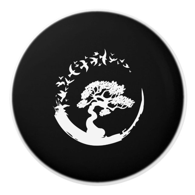 bonsai tree japanese enso circle birds long sleeve ceramic knob (Front)